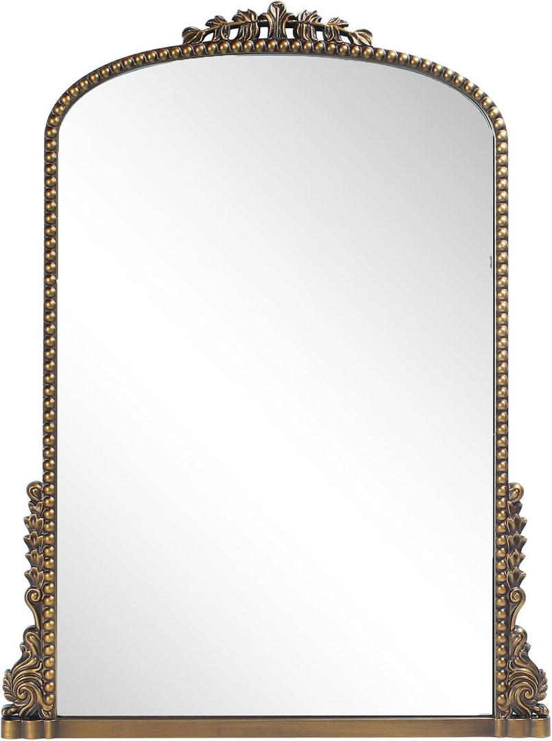 Vintage Baroque Arched Mirror - Traditional Ornate Antique Brass Wood Frame - 24"X32" - Perfect for Entryway, Fireplace, Living Room, Hallway, Bathroom