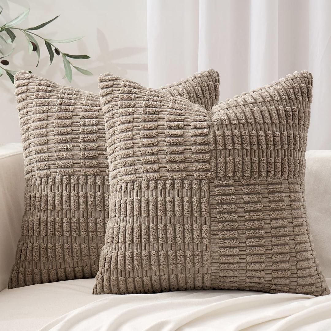 MIULEE Set of 2 Light Brown Decorative Pillow Covers 18x18 Inch Textured Striped Patchwork Accents Farmhouse Boho Soft Corduroy Couch Pillows for Sofa Living Room Bed Home Decor