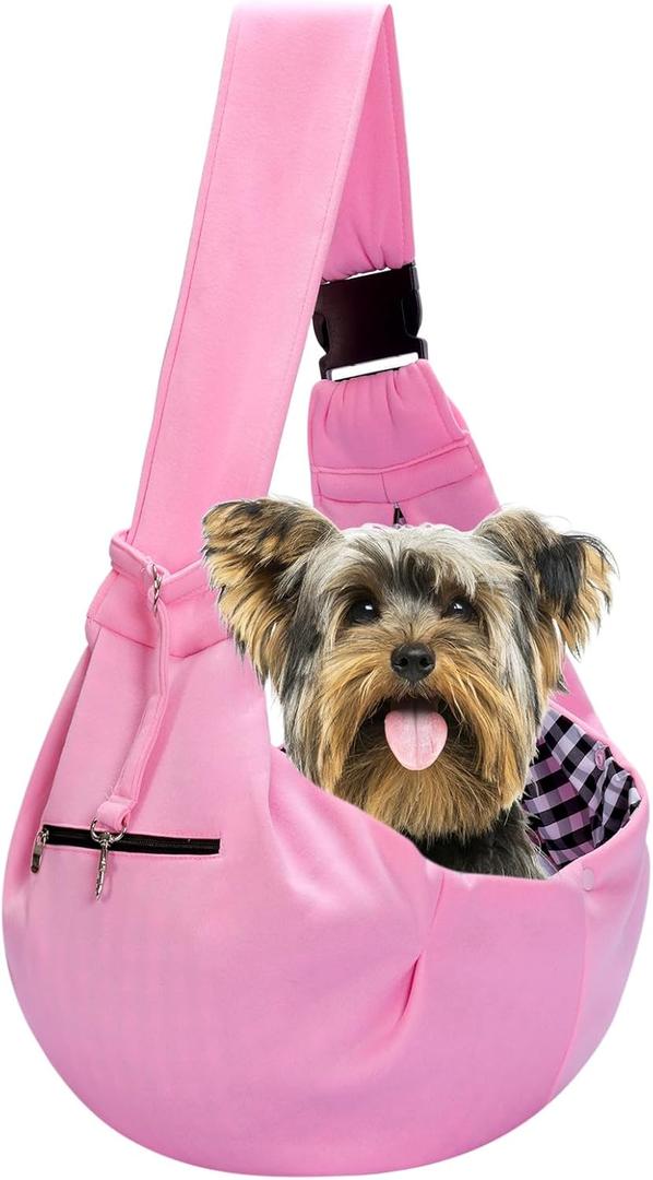Adjustable Dog Carrier Sling - Hand-Free Dog Carriers for Small Dogs and Cats, Puppy Sling Carrier with Zipper Purse Pocket, Travel Safety Harness, Puppy Essentials (Pink)