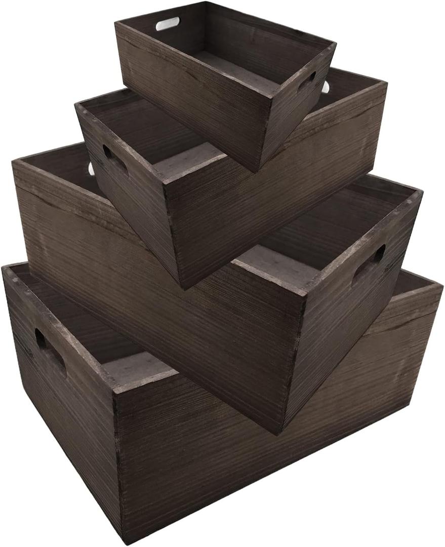 ANMINY Set of 4 Nesting Wooden Crates for Storage, Bamboo Wood Storage Containers Bins, Handmade Natural Large Wooden Storage Boxes Baskets with Handles for Organizing Shelf Closet Cabinet
