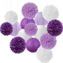 Purple-White Lavender Party Decorations Paper Flowers Lanterns - 15PCS Birthday Graduation Tissue Pom Poms Streamers, Baby Bridal Shower Wedding Retirement Bachelorette Hanging Supplies Decor Hugfond