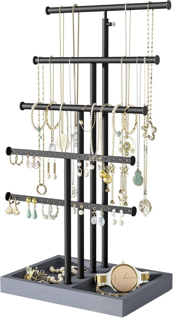 LoveKANKEI Jewelry Organizer Stand, 5 Tier Large Necklace Holder with Wood Base, Jewelry holder stand Tree for Display, Bracelets Earrings Rings, Height Adjustable Gift Weathered Grey