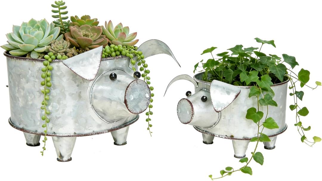 Galvanized Metal Pig Succulent Planter Farmhouse Pig Shaped Bowl Metal Pig Tray Rustic Decor Set of 2