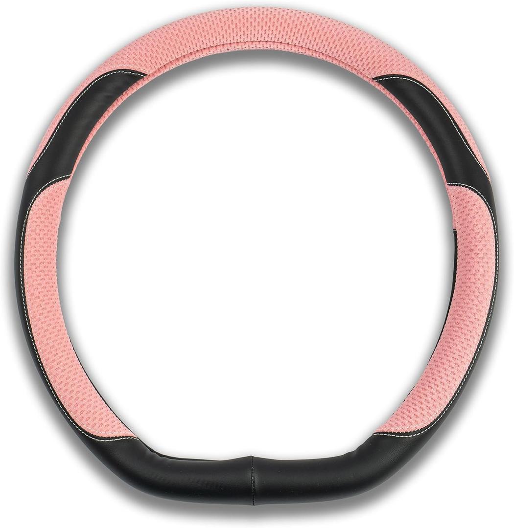 INEBIZ Universal Car Steering Wheel Cover Microfiber Leather Viscose Multi-Element Stitching (Black&Pink, D)