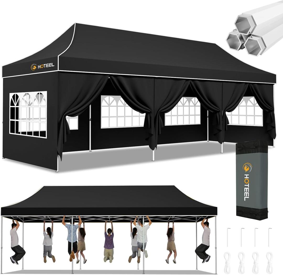 Hoteel 10x30 Pop Up Canopy Tent Heavy Duty with 8 Sidewalls, Waterproof Party Tent, Easy Set-up Commercial Instant Tents with Hand Bag, Rope & Nail, Hexagonal Leg (Black)