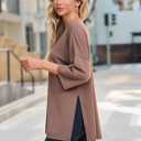 Oversized Tshirts for Women 3/4 Length Sleeve Casual Workout Tops Loose Fit Gym Shirts Side Slit Basic Tees Tunic (Brown, S)