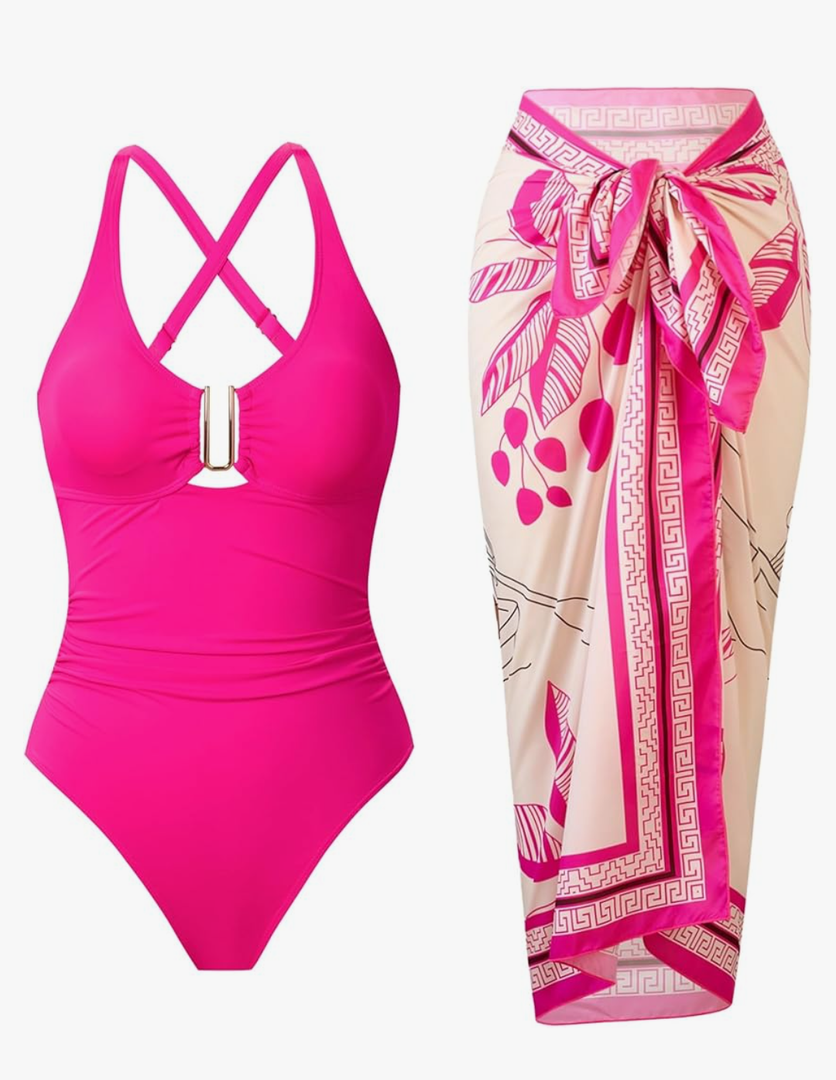 One Piece Swimsuit Women with Cover Up Set Retro Bathing Suit for Women Tummy Control Beach Wrap Skirt, Size M