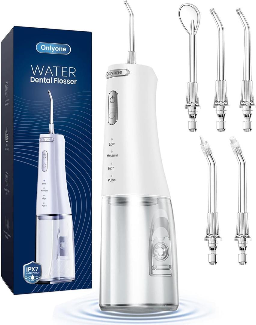 Onlyone Rechargeable Cordless Water Flosser with Adjustable Water Pressure for Daily Oral Care, Power Dental Flosser for Home and Travel Use, Portable Oral Irrigator for Sensitive Gums and Braces Care (White)