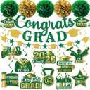 2 x Green Graduation Decorations 2026, Glitter Congrats Grad Banner Hanging Swirls and Tissue Pom Poms, Green and Gold Graduation Decorations for Class of 2026 College Graduations Party Decorations