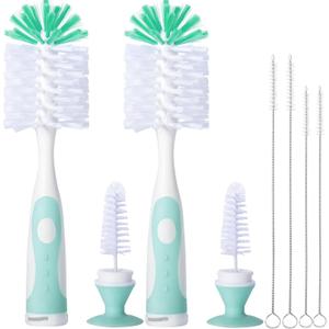 2 Pack Baby Bottle Brush with 4 Pack Straw Brushes, 10.2" Nylon Brushe with Nipple Cleaner and Stand Suction Cup, Green