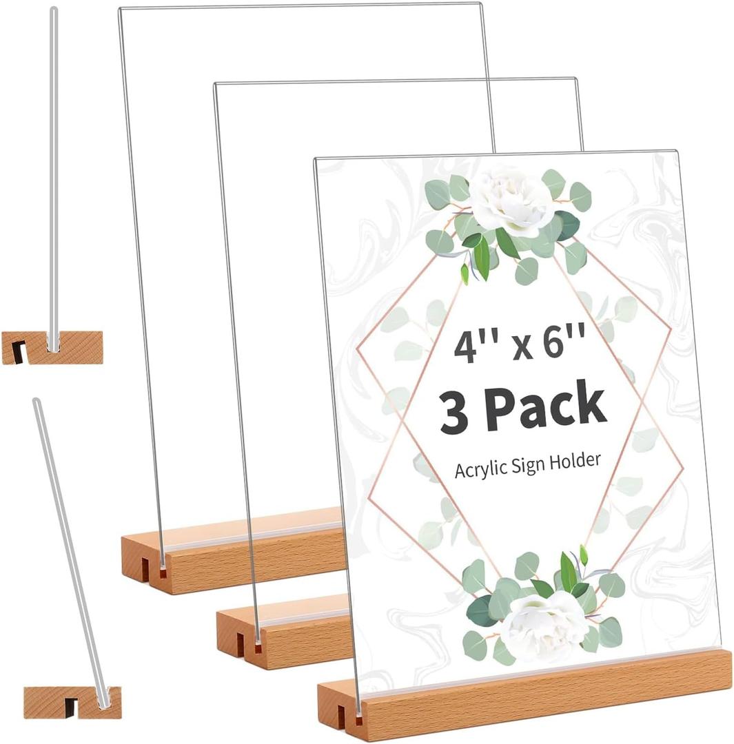 Smarpau 4x6 Acrylic Sign Holder with Wood Base, 3 Pack L/T Shape 2 in 1 Table Sign Stand Vertical or Slant Back Display, Photo Picture Frame, Menu Holder for Restaurant, Office, Store, Wedding