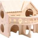 Improved Safety Large Balcony Small & Cute Wooden Hamster House with Large Balcony – Double-Decker Forest-Style Hut for Dwarf Hamsters, Mice, Gerbils, Rats & Small Pets (Compact Size Only)