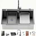 Stainless Steel Kitchen Sink with Faucet: 30-Inch Drop In Single Bowl Farmhouse Workstation Sink - Noise Reducing Design & Accessories Included (Black, 3018)