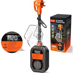 15,000J RV Surge Protector 30 Amp with LED Display, 30 Amp RV Surge Protector with Voltage Monitoring, Clear Error Codes, Comprehensive Detection, IP68 Waterproof Cover (Orange)