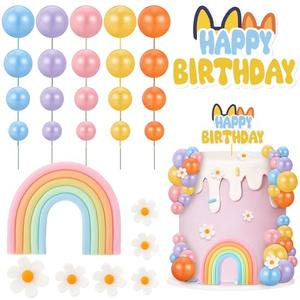 38 Pcs Rainbow Cake Topper with Daisy Balls Cake Topper, Pastel Cupcake Toppers Cake Decorations for Birthday Wedding Party Supplies