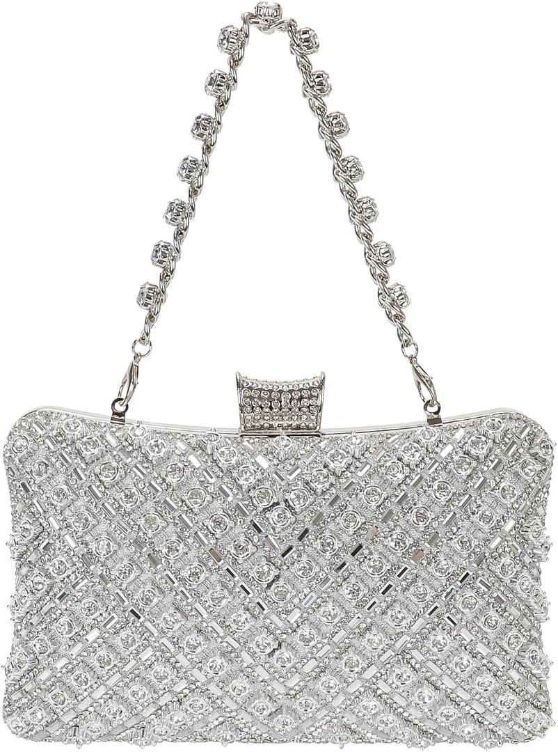 Womens Sparkly Rhinestone Sequin Glitter bag Clutch Evening Handbag Shoulder Bags Purse for Wedding Party Prom (#2405-silver)