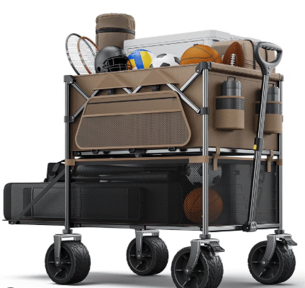 Double Decker Wagon 600lb Capacity & 400L Collapsible Sports Wagon with Big Wheels 54" Extended Utility Folding Cart for Camping Fishing & Outdoor Use