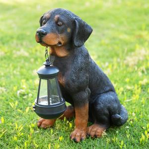 Garden Dog Statues Outdoor Decor, 13" Solar Powered LED Lights Outdoor Statue Garden Decorations Rottweiler Figurine for Patio, Lawn, Yard Art Decoration, Housewarming Garden Gift (Black)
