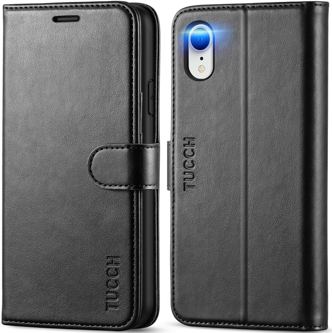 TUCCH Case Wallet for iPhone XR, Kickstand RFID Blocking Credit Card Slot PU Leather Folio Phone Cover with Wireless Charging [Shockproof TPU Shell] Compatible with iPhone XR 6.1, Black