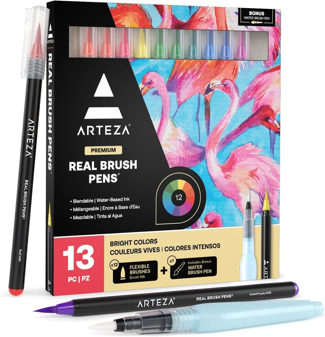 ARTEZA Real Brush Pens, Set of 12, Bright Tones, Blendable Watercolor Markers and 1 Water Brush, Art Supplies for School, Home, and Office