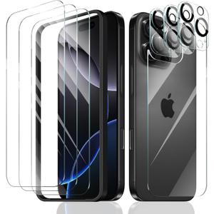 3+3+1+1-Pack, Screen Protector and Camera Lens Protector for iPhone 16 Pro Max with Back Tempered Glass Film & Installation Alignment Aid, Tempered Glass Film, HD Protection, 9H Hardness (Clear)
