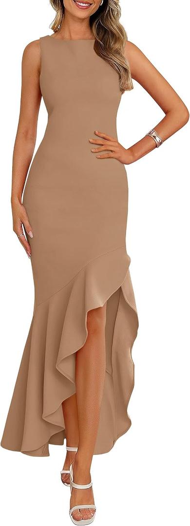 PRETTYGARDEN Wedding Guest Dresses for Women 2026 Summer Formal Gala Maxi Dress Ruffle Mermaid Cocktail Long Dresses (Beige, XL)
