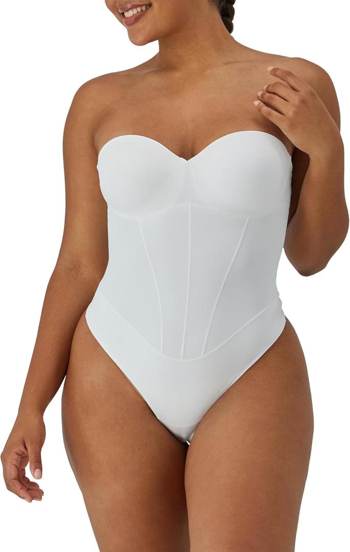 Maidenform Womens Tummy Shaping Thong Bodysuit, Multiway Thong Shaper, Firm Control (Medium, White)