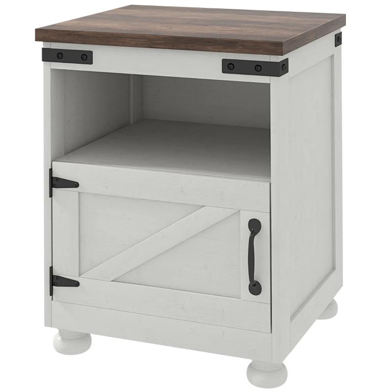 HOMCOM Side Table with Storage, End Table with Open Shelf, Cupboard and Wood Legs, Modern and Farmhouse Style, White