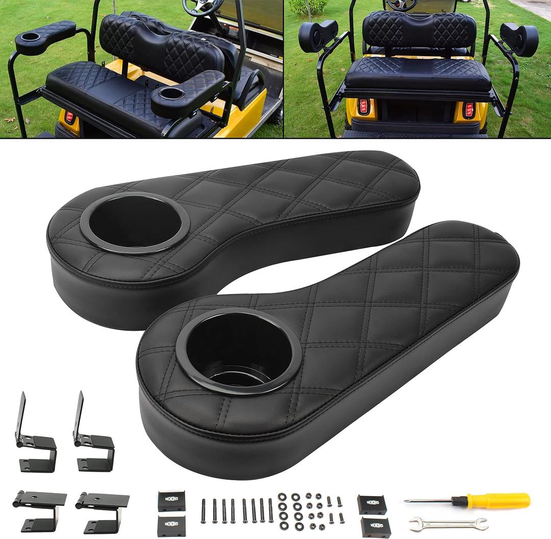 NOKINS Golf Cart Flip Armrest with Cup Holder, No Drilling Required, for Club Car/EZGo/Yamaha, Club Cart Armrest kit (Black Stitching)