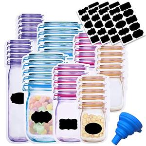 81 Pcs Reusable Mason Jar Food Storage Plastic Bags - Multi-Size Fresh Leak Proof Sandwich Snack Zipper Bags With Chalkboard Label Sticker and Silicone Funnel for Kitchen, Camping, Travel, Office