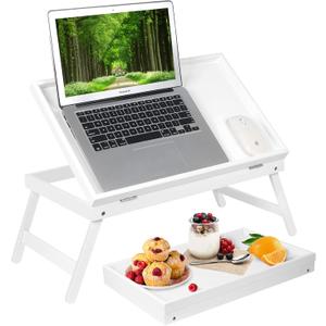 Bamboo Lap Desks Bed Table White Breakfast Tray with Folding Legs Kitchen Serving Tray for Notebook Computer Bed Platters Desk Snack Tray(White)