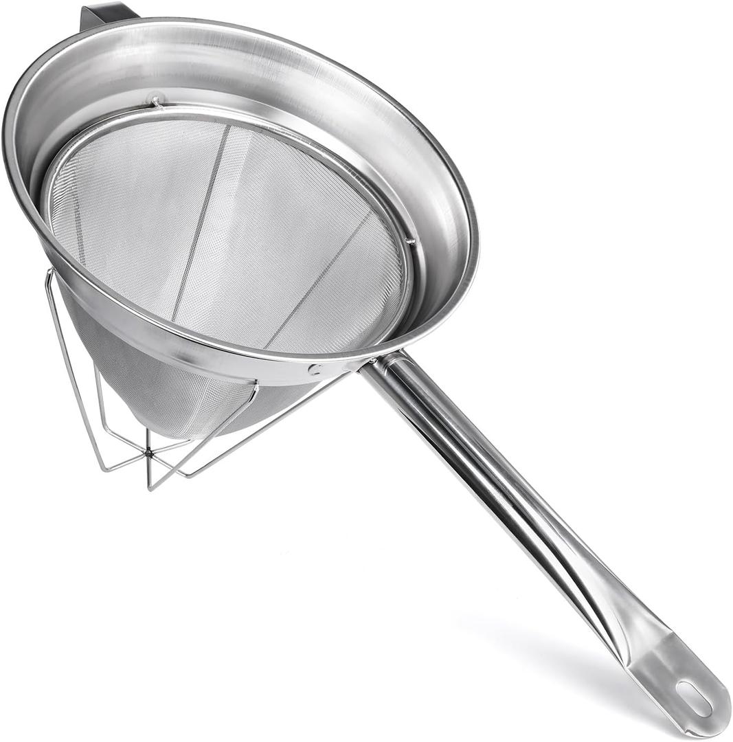 10" Chinois Strainer,18/8 Stainless Steel Conical Fine Mesh Bouillon Sieve | Heavy Duty China Cap Strainers with Stand for Sauces Soups Broth Purees Jam