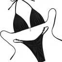 Tainehs Women's Brazillian Triangle Thong Bikini Set Sexy String Two Piece Swimsuit Bathing Suit (Black, S)