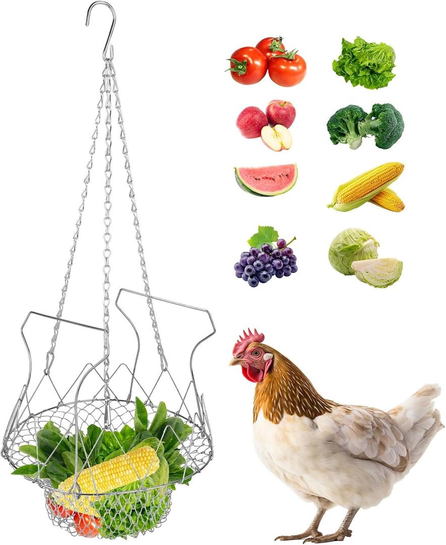 BOXOB Adjustable Hanging Chicken Feeder, Large Foldable Poultry Vegetable Fruit Chick Feeding Drinker Basket with Chain Chicken Treat Holder Coop Accessories Toy for Your Hens Ducks Rabbits