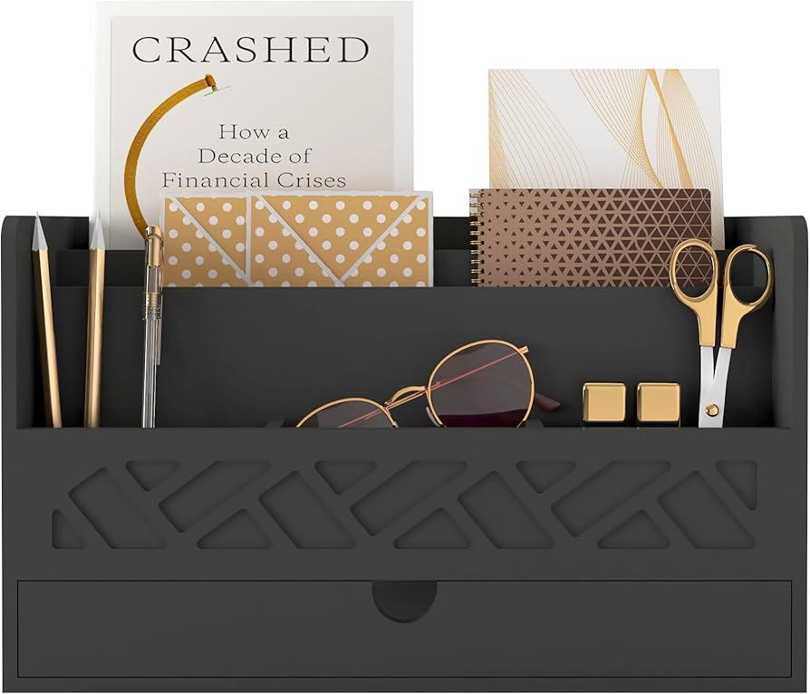 Wisuce Bamboo Mail Organizer Countertop Desktop with Drawer - Desk Organizer with File Organizer for Office Supplies All-in-One Desk File Organizer with Pencil Holder for Paper Letter Envelope Bill