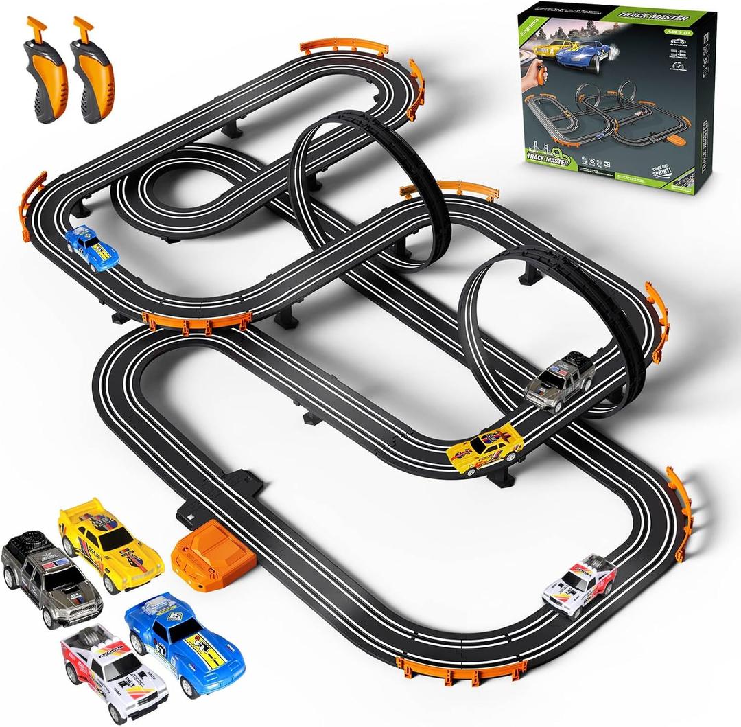 Slot Car Race Track Set Electric or Battery Powered Racing Car Track for Kids Boys, with 4 High-Speed Cars and 2 Hand Controllers,Dual Racing Game Toys for Children Age 6 7 8 Years Old, One Size