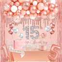 15th Birthday Decorations for Girls Rose Gold 15th Birthday Banner It's 15th Birthday Sash and Tiara Pink Gold 15th Balloons Tablecloth Cake Topper for Happy 15 years old Party Decor