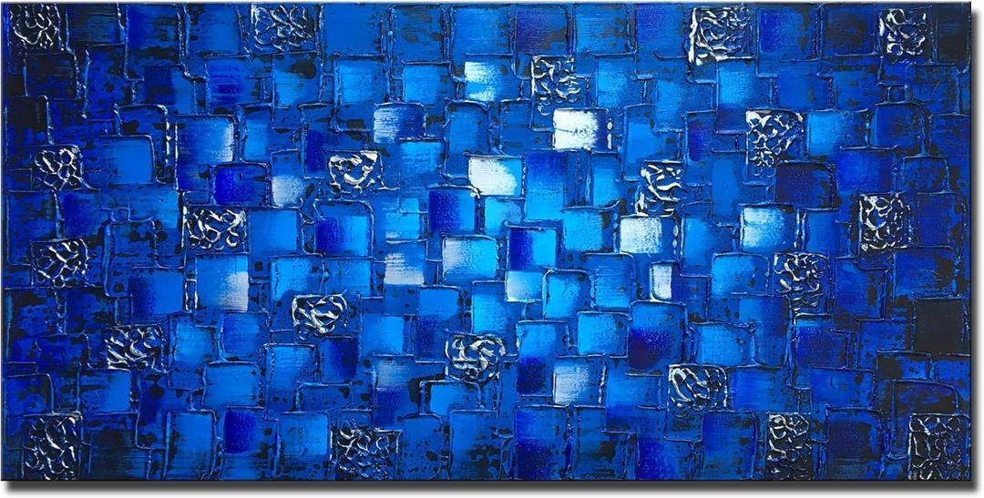 MyArton Thick Textured Abstract Squares Canvas Wall Art Hand Painted Artwork Modern Dark Blue add Silver Oil Painting for Home Decor Framed Ready to Hang 40x20inch
