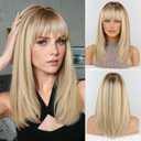16inch Human Hair Wigs with Bangs, Layered Straight Wig with Realistic Scalp, Middle Part - Natural Color for Women (Blonde Mixed Brown)
