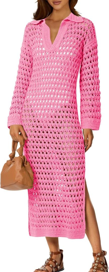 Saodimallsu Womens Crochet Swimsuit Cover Up V Neck Collared Long Sleeve Mesh Knit Long Beach Coverup Maxi Dress (Pink)
