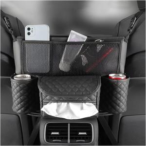 Car Handbag Holder Between Seats, PU Leather Multi-Pocket Large Capacity Purse Holder, Auto Net Bag Barrier of Backseat Pet Kids, Car Seat Organizers and Storage for Cargo Tissue Cup（Black）