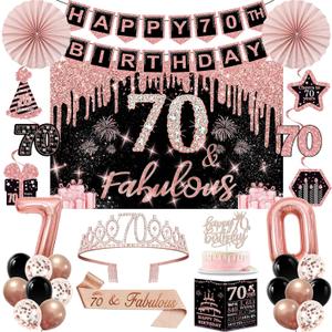 70th Birthday Decorations for Women,32PCS 70th Birthday Party Decorations,Including Backdrop, Crown, Sash, banner, Hanging Swirl,Cake Topper,balloons,Paper Fans,Anniversary Card and paper fans