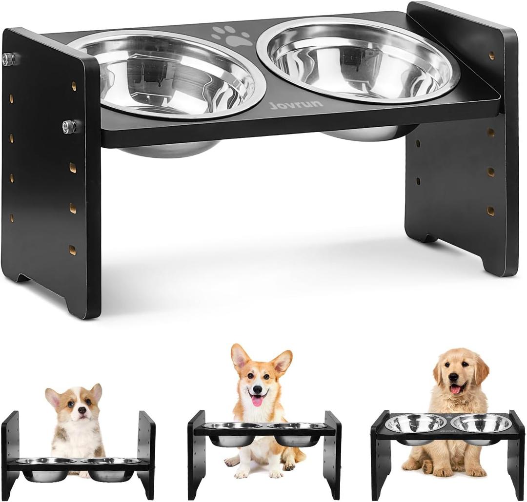 Elevated Dog Bowls, Adjustable Raised Dog Bowl Stand for Small Size Dogs and Cats, Durable Bamboo Dogs Feeder with 2 Stainless Steel Bowls and Non-Slip Feet, Pet Food Bowl for Small Sizes (Black)