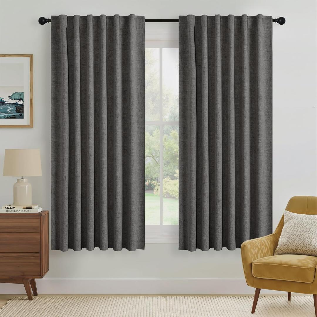 RYB HOME Grey 100% Blackout Curtains 63 inch Long, Light Blacking & Thermal Insulated Curtains for Nursery/Bedroom/Boys'Room, Back Tab & Rod Pocket Window Treatment, W52 x L63, 2 Panels