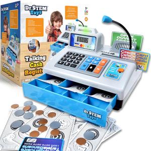 Dr. STEM Toys | Talking Toy Cash Register | STEM Learning 69 Piece Pretend Store with 3 Languages, Paging Microphone, Credit Card, Bank Card, Play Money and Banking for Kids, Silver (Updated Package)