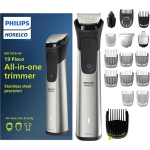 Norelco Philips Multigroom 7000 Series, All-in-One Trimmer, Beard Trimmer and Hair Clipper, 19-Piece Men's Grooming Kit for Beard, Head, Hair, Body, and Face, Soft Pouch, MG7910/49 (MG7910/49 - 19 Pieces, Steel)