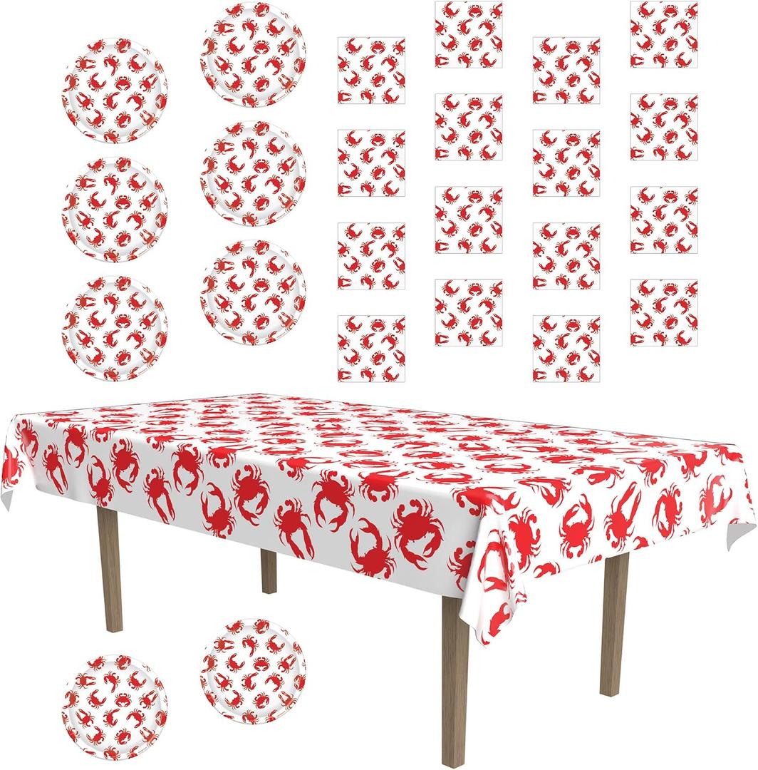 Beistle Crab Party Tableware Bundle – Crab Tablecover, Plates, and Luncheon Napkins, Nautical Summer Picnic Cookout Supplies for Seafood Feasts, Crab Boils, and Coastal Beach Celebration Dinners, Assorted