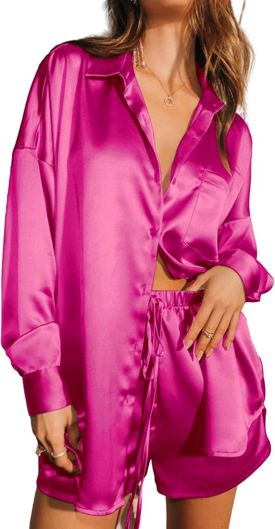 Ekouaer Womens 2 Piece Satin Pajama Set Long Sleeve PJs Sets Button Down Lounge Sets Soft Sleepwear Set (Small, Hot Pink)