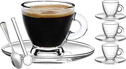 Espresso Cups, 3.2 oz Small Demitasse Clear Glass Espresso Drinkware, Set Of Cups, Saucers and Stainless Steel mini Spoons + Free Glass Spoons (set of 4)