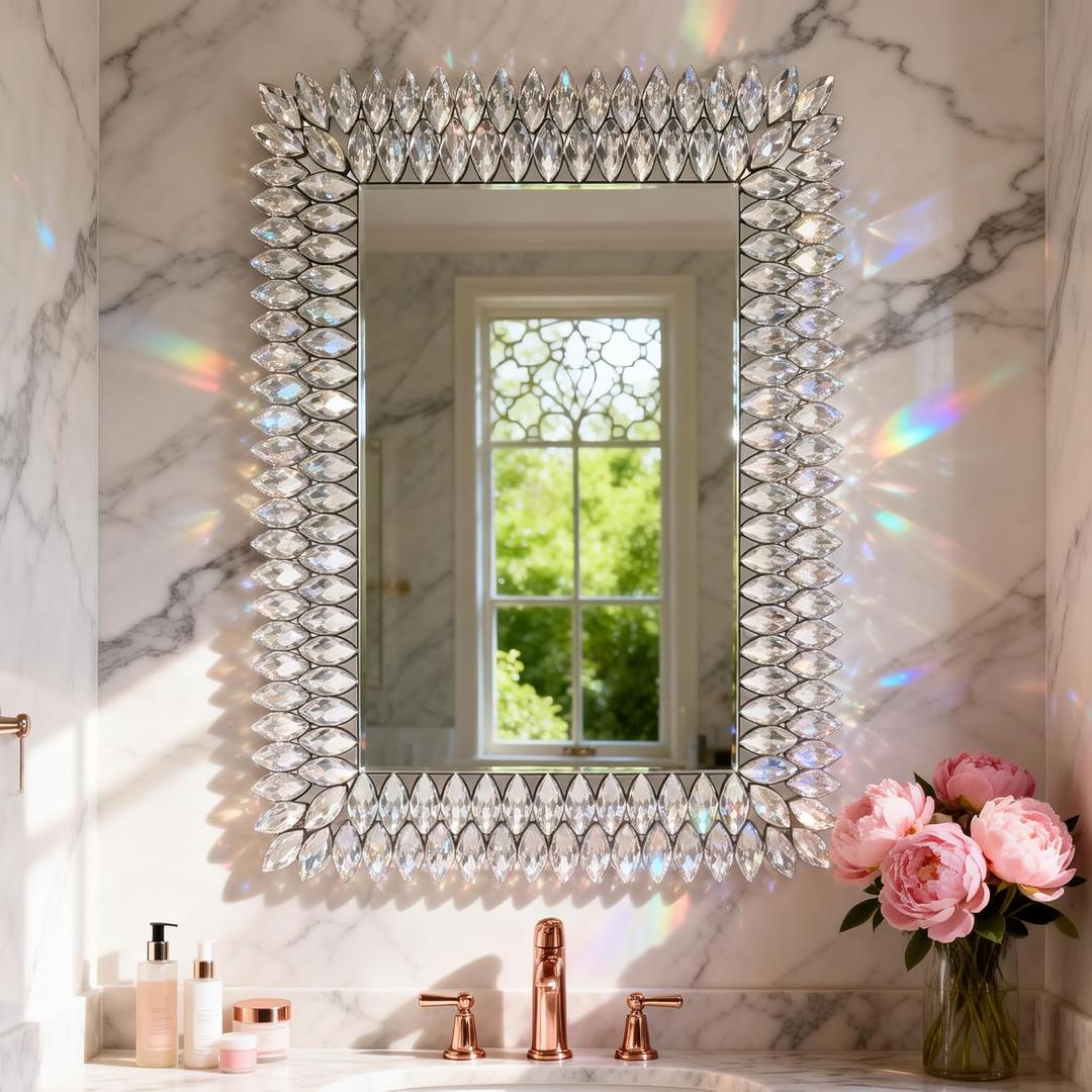 Luxury Crystal Diamond Wall Mirror, 24"x36" Rectangle Decorative Vanity Mirrors for Bathroom, Entryway, Living Room & Fireplace, Decorative Wall Mirror for Home Decor